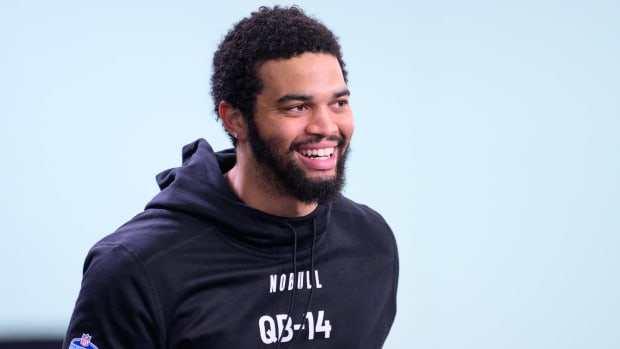 USC quarterback Caleb Williams answers questions from the media during the NFL scouting combine.